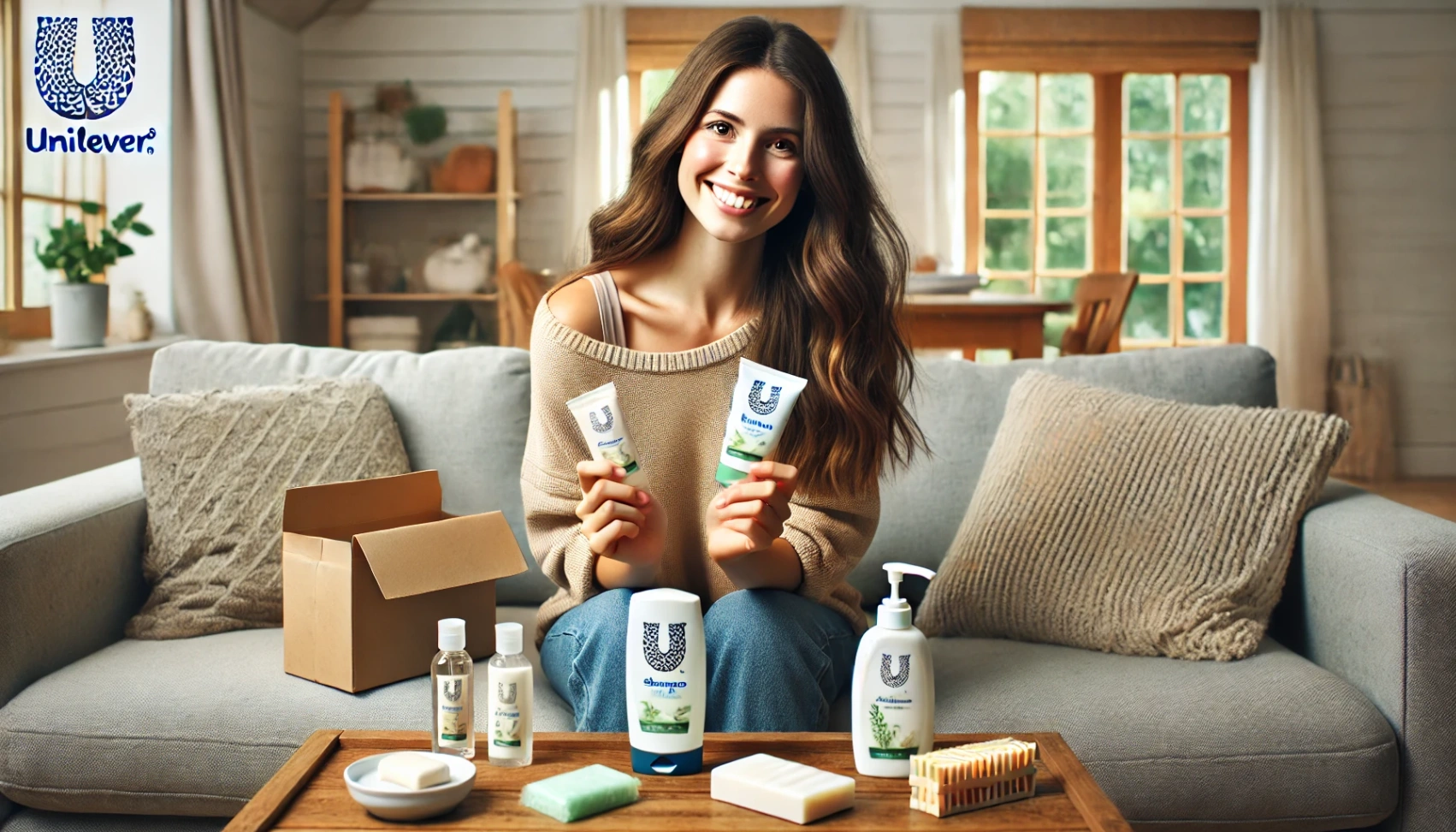 039ede3c79cbc9de89afe4d27f4b4b10 DALL·E 2024 08 21 14.08.12 A wide image of a woman in her late 20s or early 30s at home happily holding a few Unilever sample products she has received. She is sitting on a co Learn How to Get Free Samples from Unilever