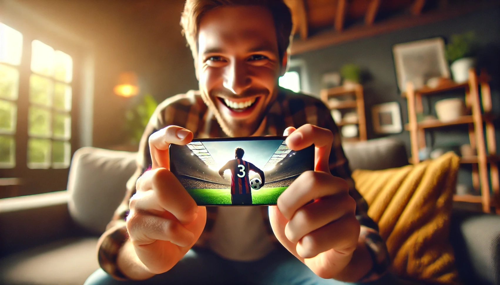 05726ac5961523d2104a5be3e7f08f55 DALL·E 2024 08 21 22.23.07 A wide image depicting a happy person watching football on their mobile phone. The person is smiling and appears engaged holding the phone in landsca How to Watch Football on Mobile for Free