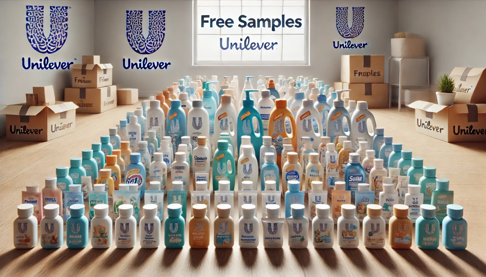 1f531791d74faa1fc268adb0f8fb35af DALL·E 2024 08 21 14.06.19 A wide image showcasing a variety of free samples from Unilever products. The scene features a neatly arranged collection of mini sized products incl Learn How to Get Free Samples from Unilever