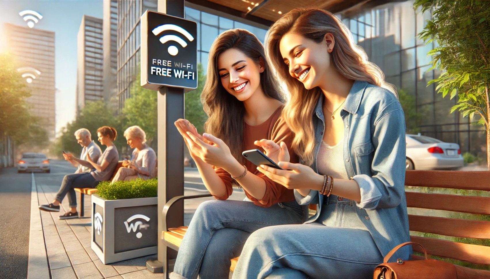 205ea087e1f3a76d0eb723e2a01f76be DALL·E 2024 08 22 21.40.21 A highly realistic image of two happy women sitting together on a bench in a vibrant outdoor urban area using their smartphones connected to free Wi Discovering Free Wi-Fi Hotspots: Quick Tips for Your Area