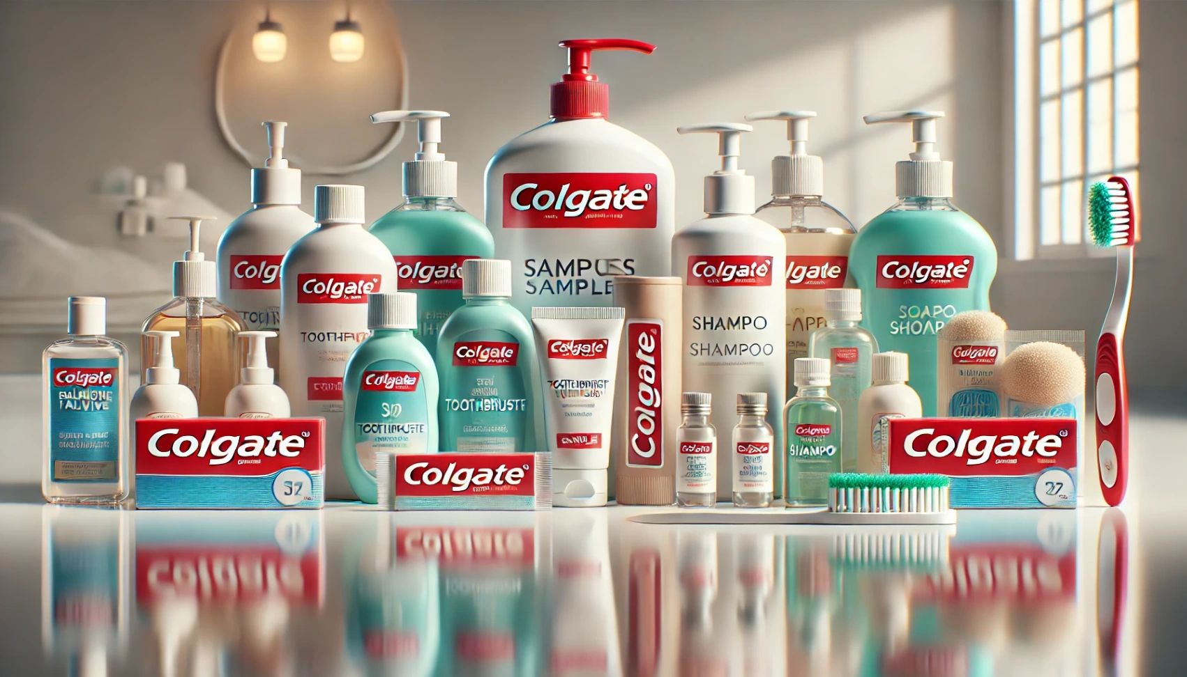 2a34ee02cf52da16890f0555e5b86801 DALL·E 2024 08 21 15.21.25 A wide featured image showcasing Colgate Palmolive samples. The scene includes a selection of mini sized products such as toothpaste toothbrush soap How to Get Free Sample from Colgate Palmolive