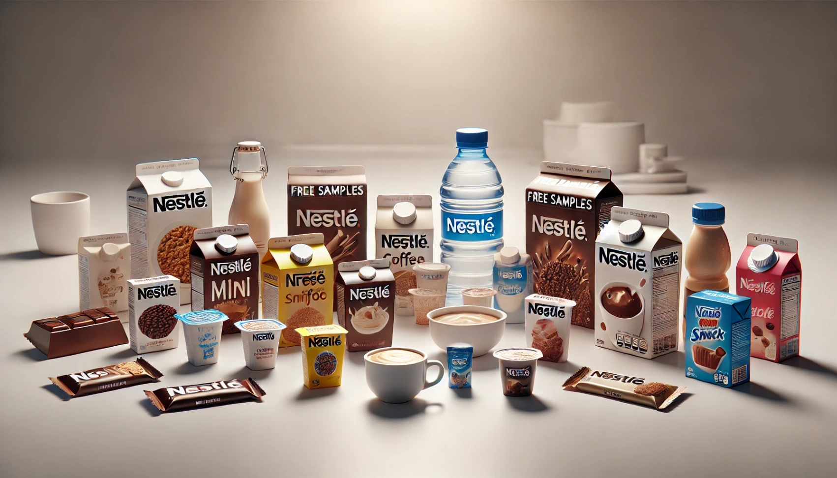 2b08e050b04b9e5adbdda6772e39cff3 DALL·E 2024 08 21 19.30.47 A wide image showcasing a slightly larger selection of free samples from Nestle. The scene includes a few additional mini sized products alongside the Learn How to Get Free Samples from Nestlé