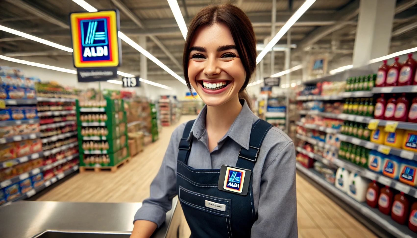 4d27ca3d20057527007c5bf9d68faf72 DALL·E 2024 08 01 12.57.14 A wide image of a female Aldi employee happily doing her job inside an Aldi store. She is smiling and wearing a uniform with a name tag and the Aldi l Aldi Job Opportunities: Hiring Process Step-by-Step