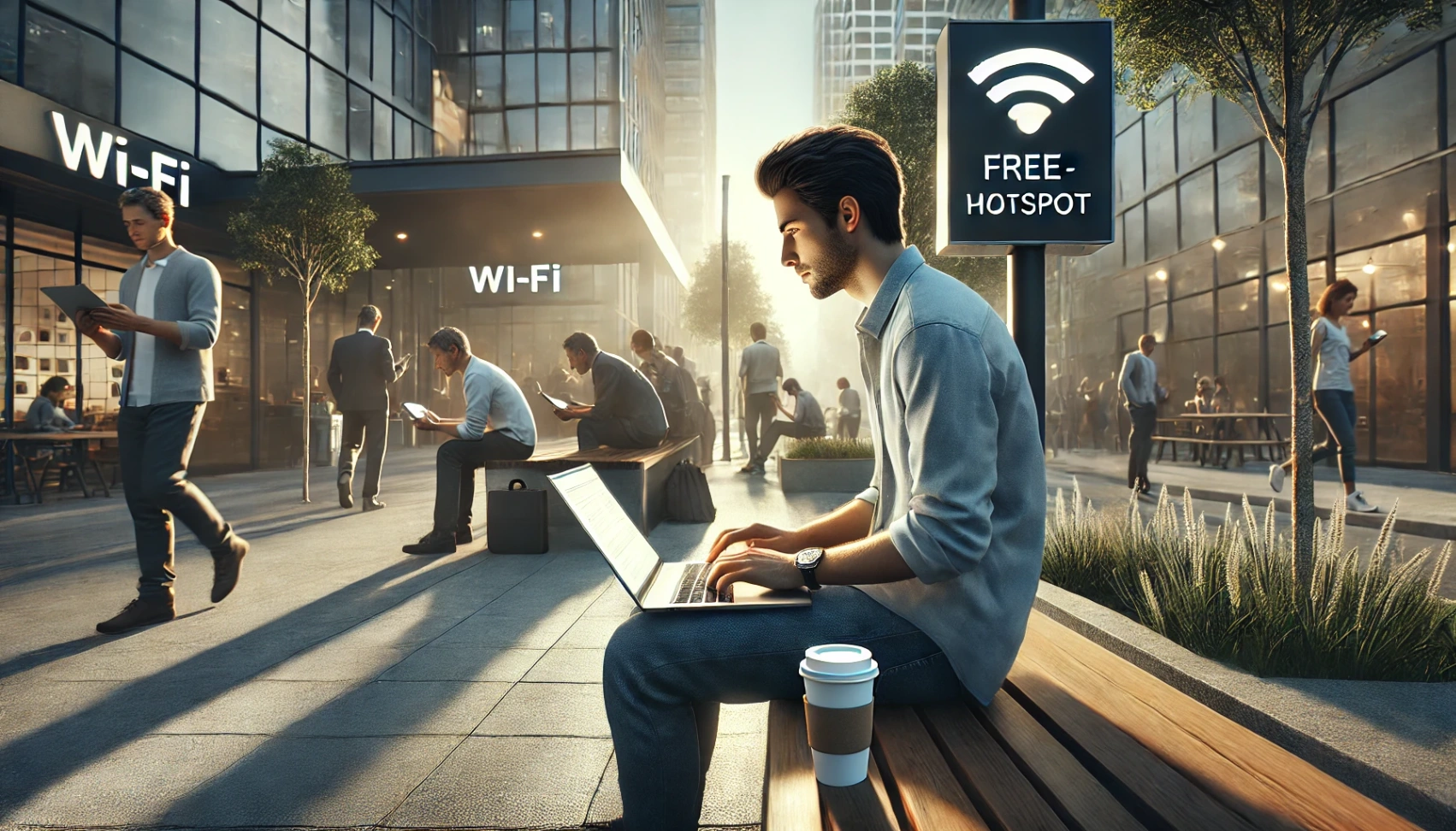 52fc3713b04d057e806fdbba3656ebc0 DALL·E 2024 08 22 21.38.29 A realistic image of a person sitting on a bench in a bustling outdoor urban area using a laptop connected to a free Wi Fi hotspot. The person is cas Discovering Free Wi-Fi Hotspots: Quick Tips for Your Area