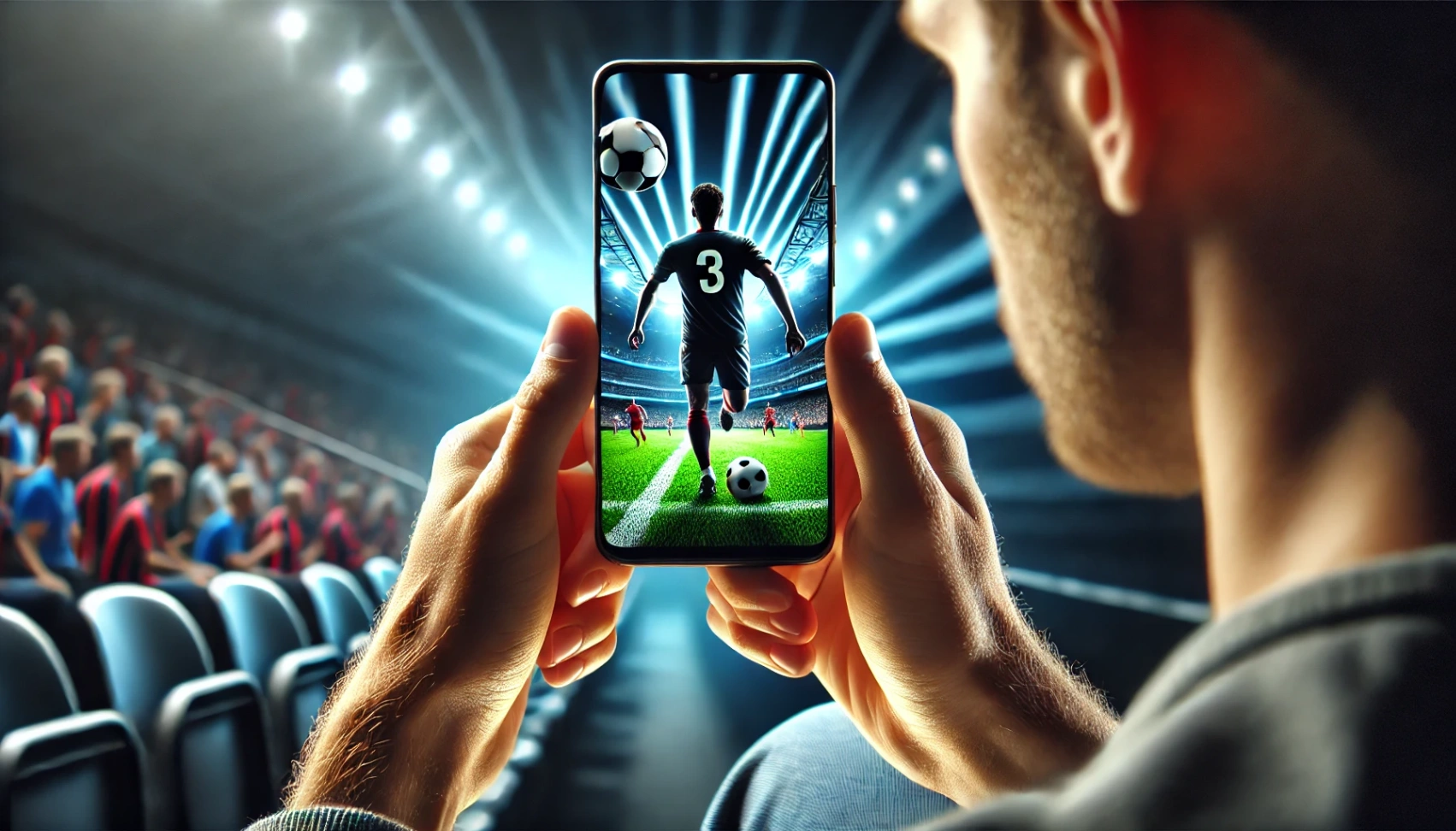 5564c3d4b1cc23238b72d9783070a30e DALL·E 2024 08 21 22.24.20 A featured wide image showcasing the experience of watching football on a mobile phone. The image highlights a person holding a smartphone in landscap How to Watch Football on Mobile for Free