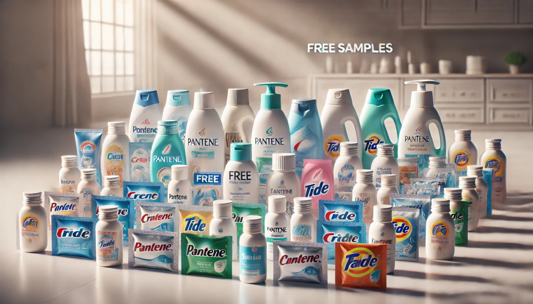 84da62322d86df58251583bc05ebf4ed DALL·E 2024 08 21 20.48.58 A wide image showcasing a selection of free samples from Procter Gamble. The scene features a variety of mini sized products including items like s How to Get Free Samples from Procter & Gamble