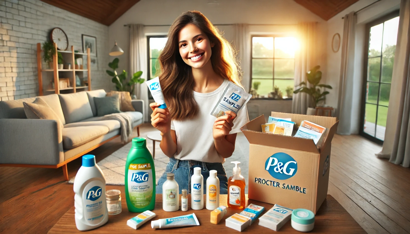 9fc1cae2251943d349c1ae512d194e79 DALL·E 2024 08 21 20.50.40 A wide image of a woman at home who has just received free samples from Procter Gamble. The woman is smiling holding a few samples like a bottle of How to Get Free Samples from Procter & Gamble