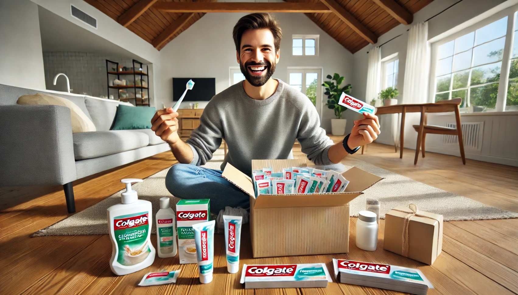 f667c00052d465c2bc344330a31d2159 DALL·E 2024 08 21 15.22.35 A wide image of a person at home who has just received samples of Colgate Palmolive products. The person smiling with excitement is sitting in a bri How to Get Free Sample from Colgate Palmolive