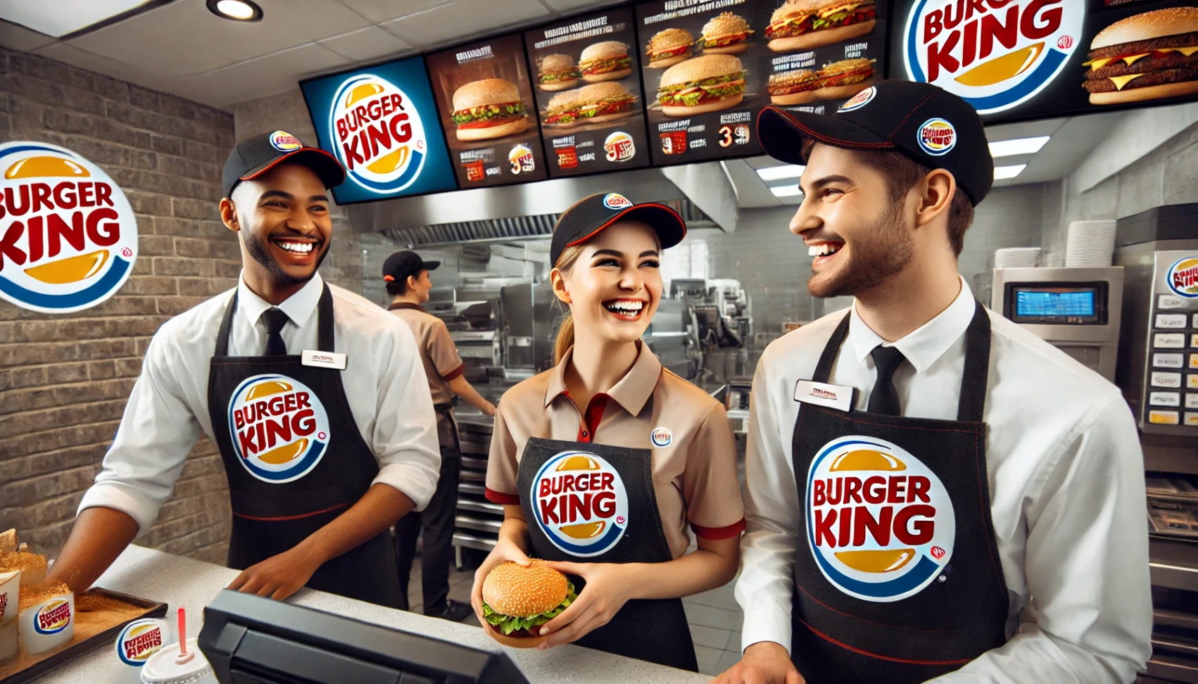 5636eb46b18c4727b323d50c99e62c4e DALL·E 2024 10 08 12.40.17 Three happy employees working at Burger King wearing Burger King uniforms with the iconic logo. They are standing behind the counter smiling and int Burger King Careers: How to Apply for Positions