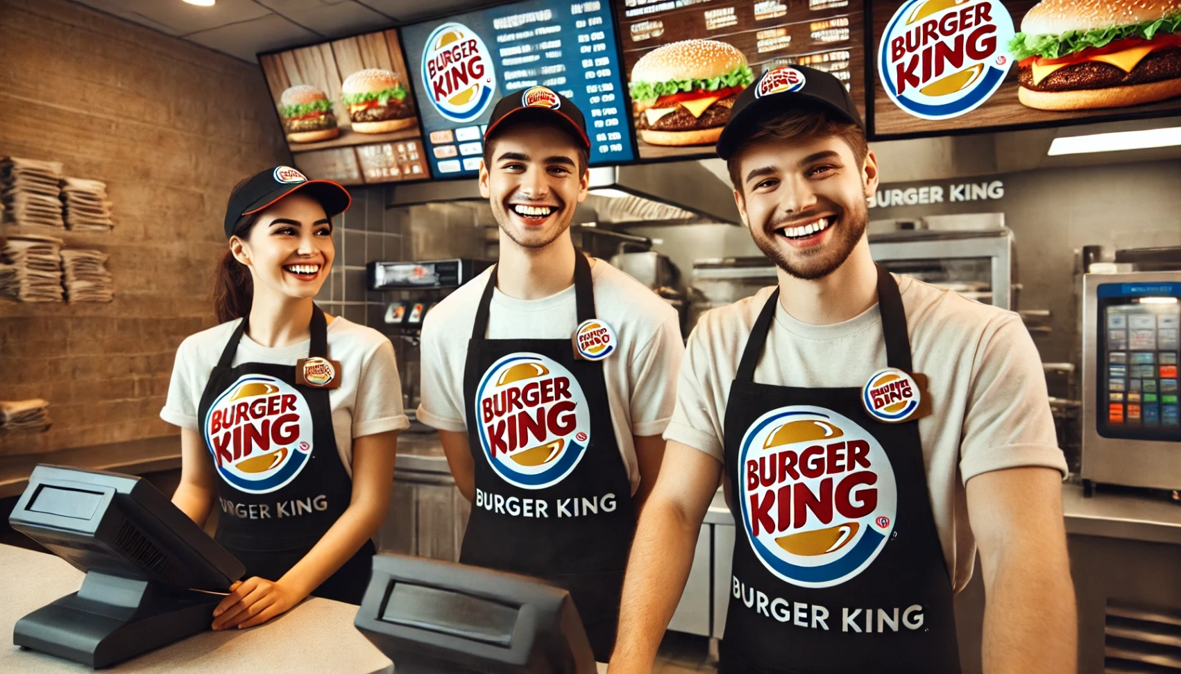 9b20a44cbefdc1e1b36dc2e2b4e64426 DALL·E 2024 10 08 12.40.20 Three happy employees working at Burger King wearing Burger King uniforms with the iconic logo. They are standing behind the counter smiling and int Burger King Careers: How to Apply for Positions