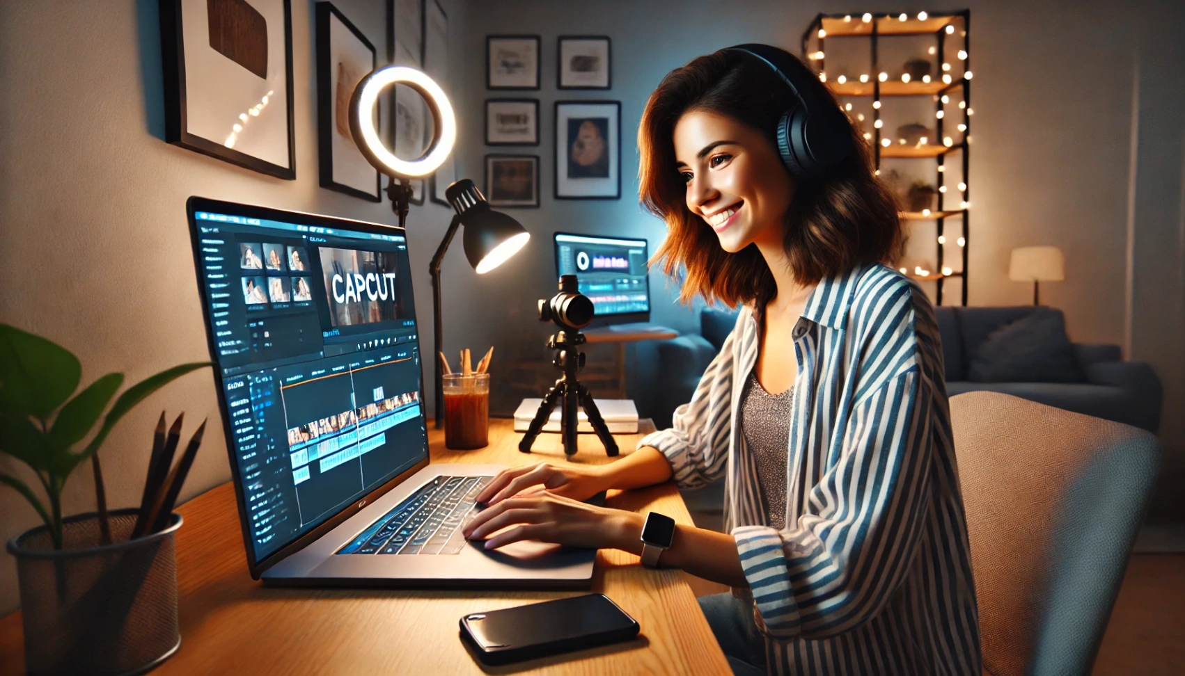 ac2435b8ffd68c61bfb1be66a9152f13 DALL·E 2025 01 24 23.09.57 A young woman sitting at a desk in a modern cozy room editing videos on the CapCut app on her laptop. She is smiling slightly showing enjoyment and Learn How to Make a TikTok Edit on CapCut